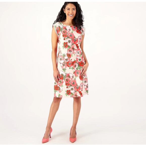 Isaac Mizrahi Live! Printed Ponte Shift Dress Size Large Pink Floral Sleeveless - Picture 1 of 7